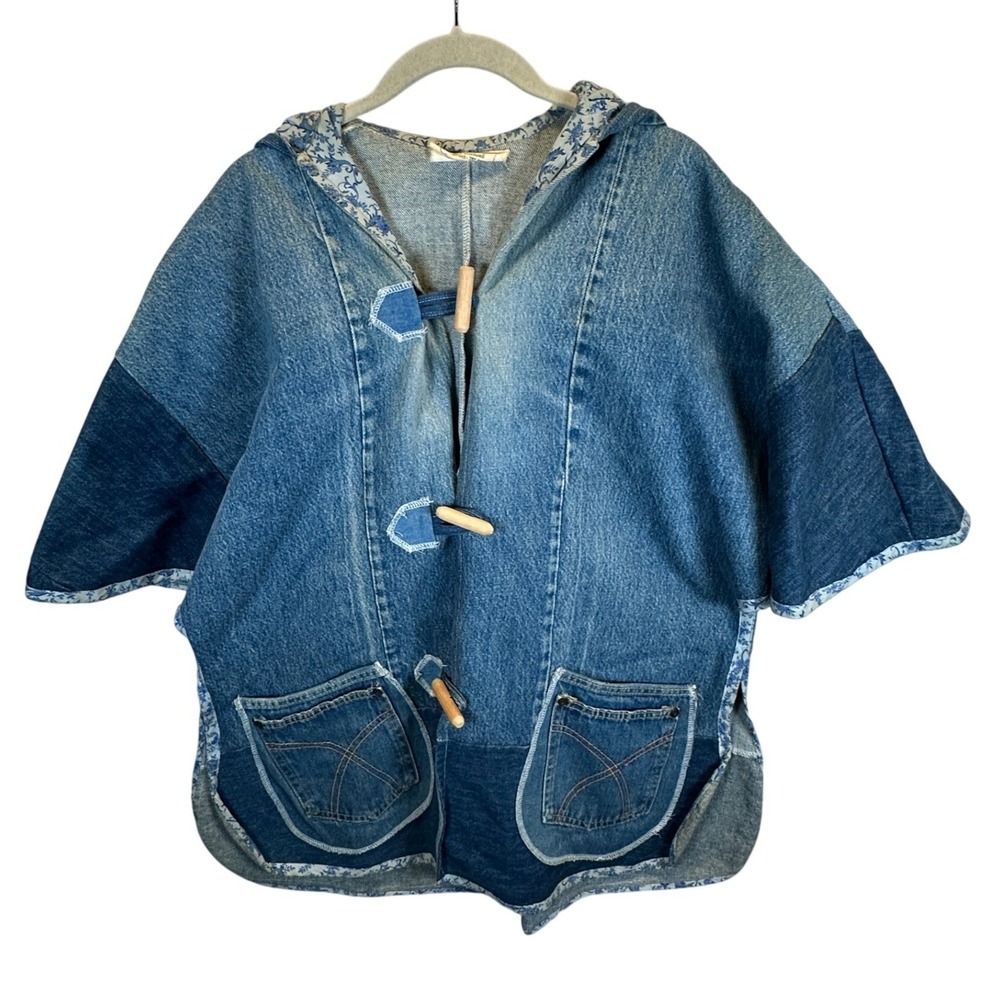 Handmade Patchwork Denim Hooded Poncho Toggle Closure Blue Floral Trim